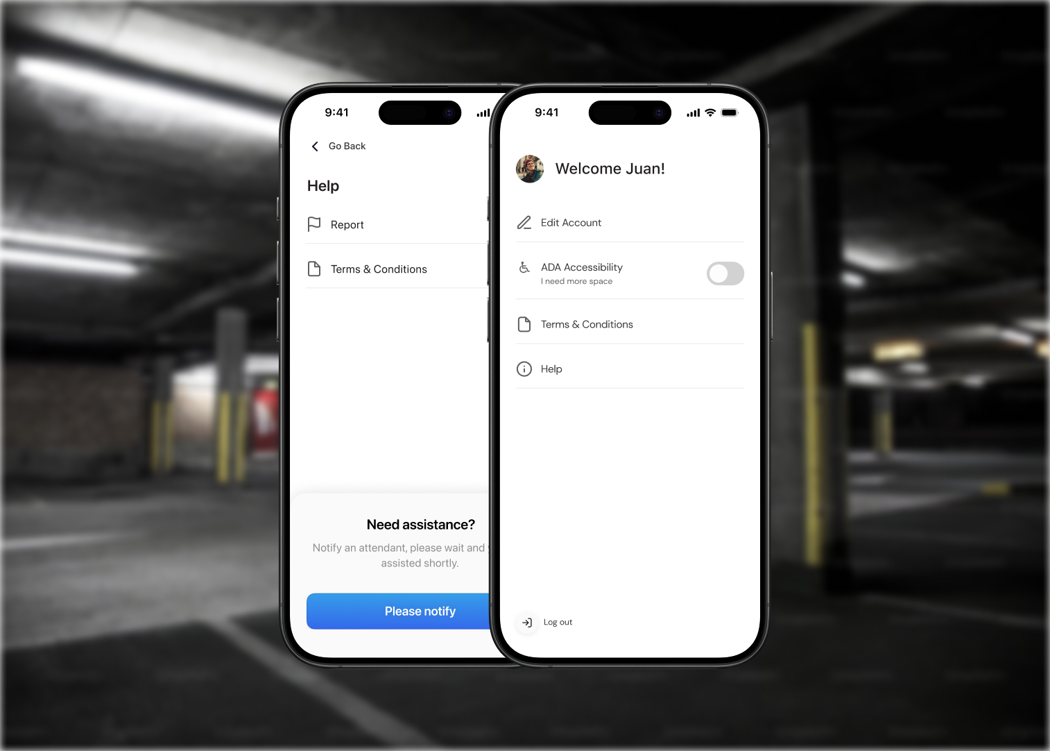 Volley mobile app — help screen and welcome account screen on two phones in a real parking garage