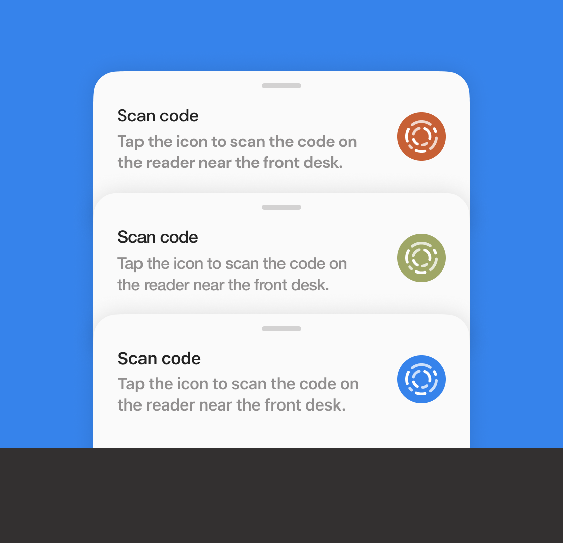 White-label component theming — scan code bottom sheet in orange, olive, and blue brand variants