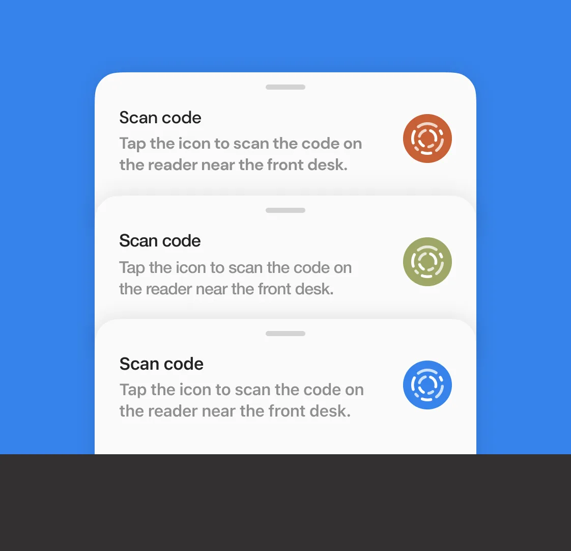 White-label component theming — scan code bottom sheet in orange, olive, and blue brand variants