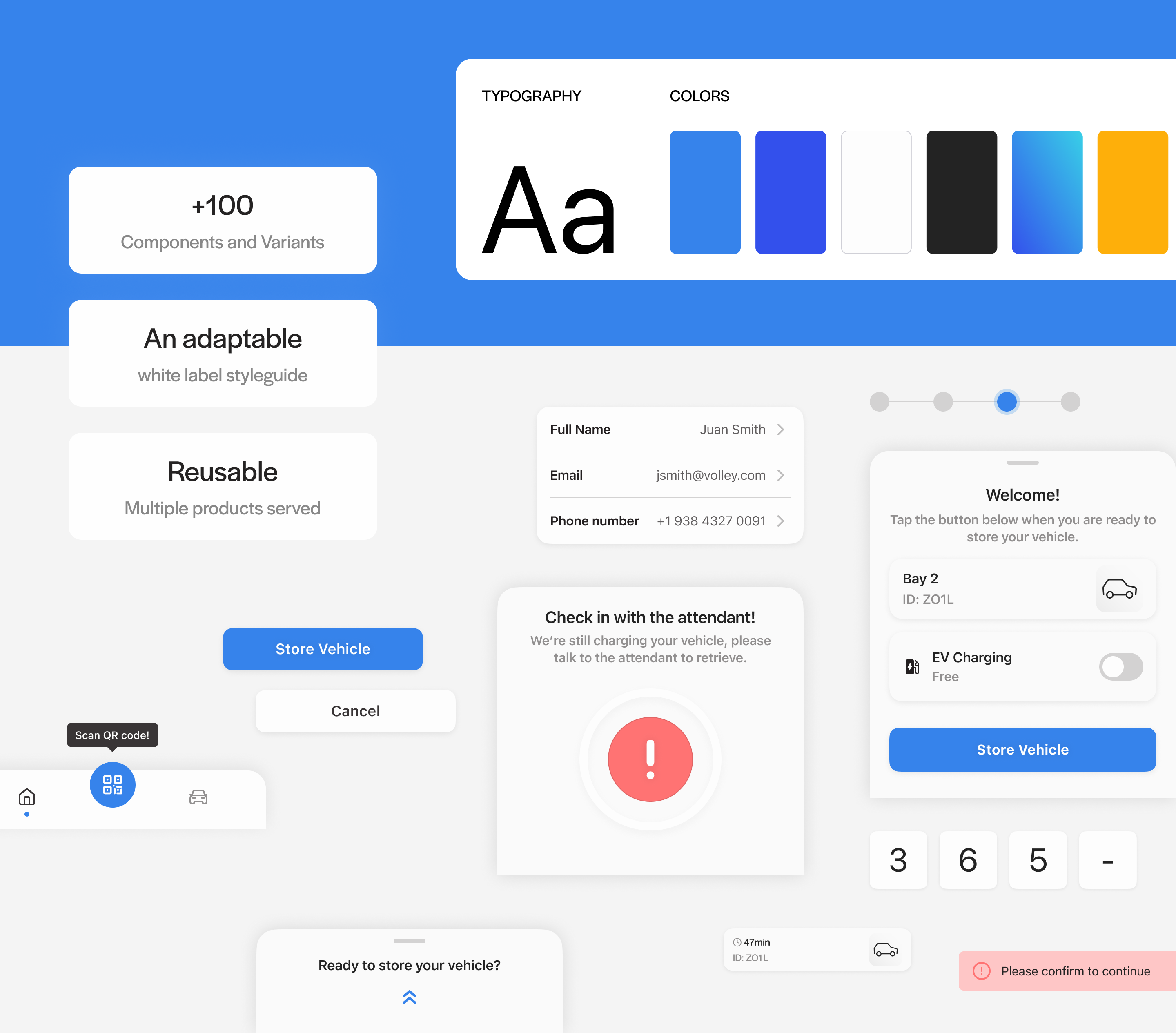 Volley white-label design system — +100 components, adaptable styleguide, and multiple product screens including store, check-in, EV charging, and kiosk