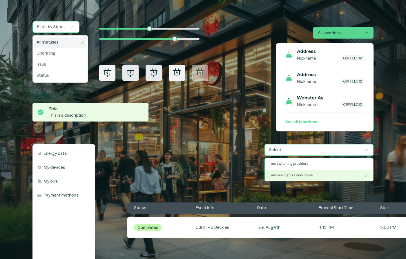 UI components in context — filter bar, address cards, tooltip, and data table overlaid on a restaurant environment