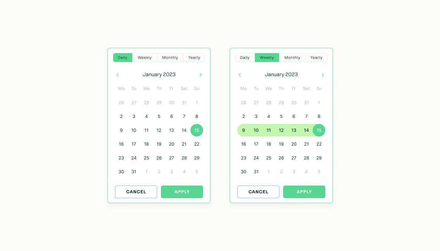Date picker component — daily single-select and weekly range-select variants side by side