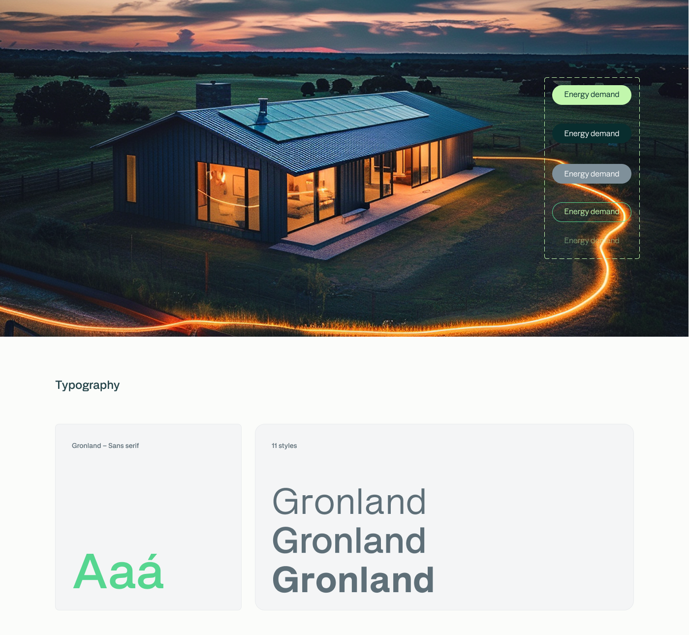 Volt typography — Gronland typeface specimen with Regular, Medium, and Bold weights alongside brand photography