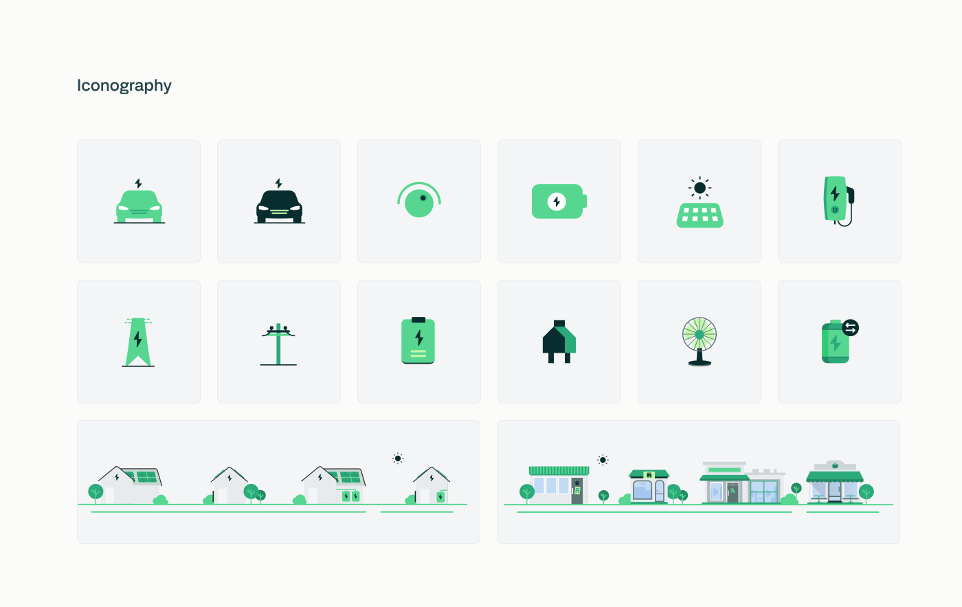 Volt iconography — 12 energy-domain icons and two illustration sets for residential and commercial contexts