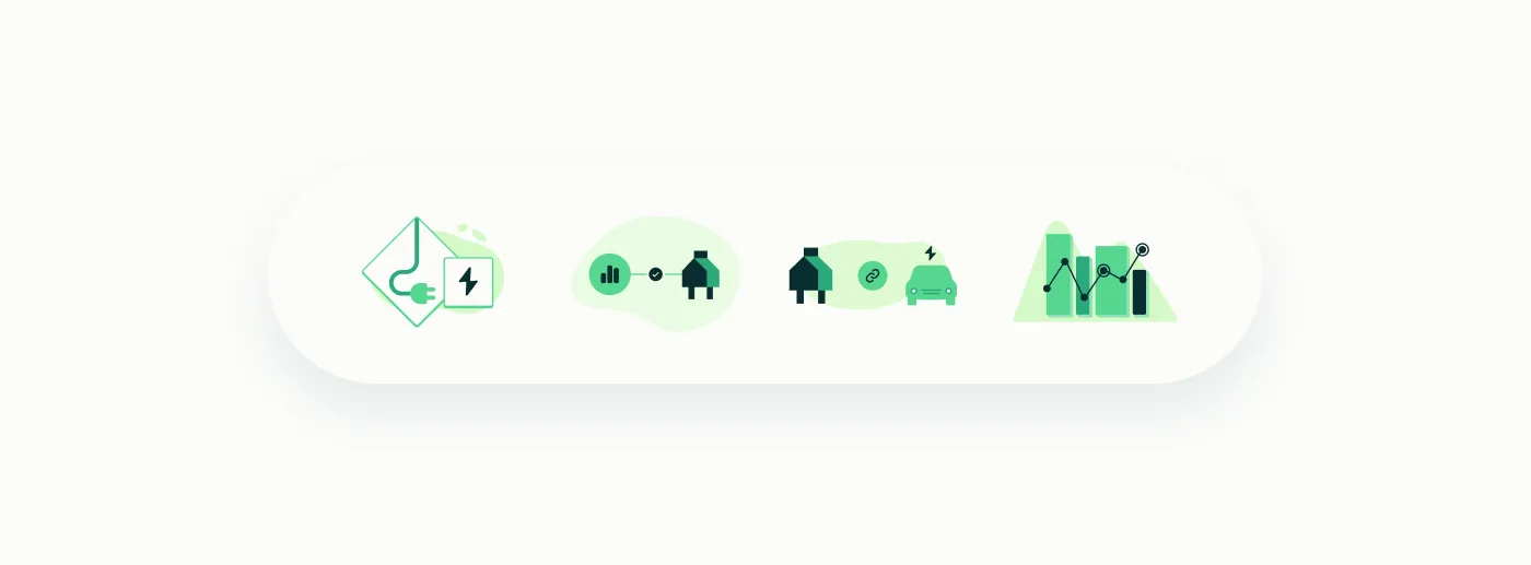 Volt custom illustration set — four scenes covering EV charging, home energy monitoring, home-to-vehicle connection, and energy analytics