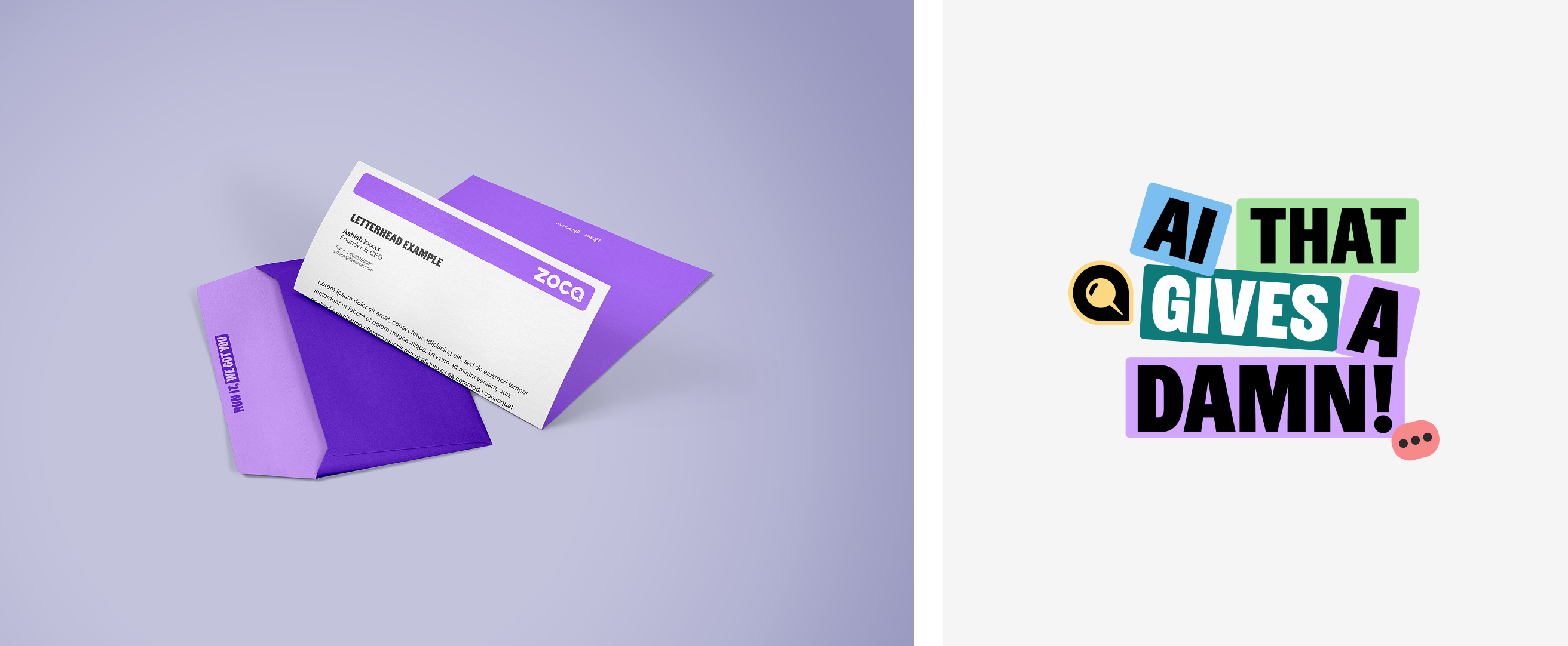 Zoca brand collateral — purple letterhead envelope mockup alongside colorful typographic lockup reading AI That Gives A Damn