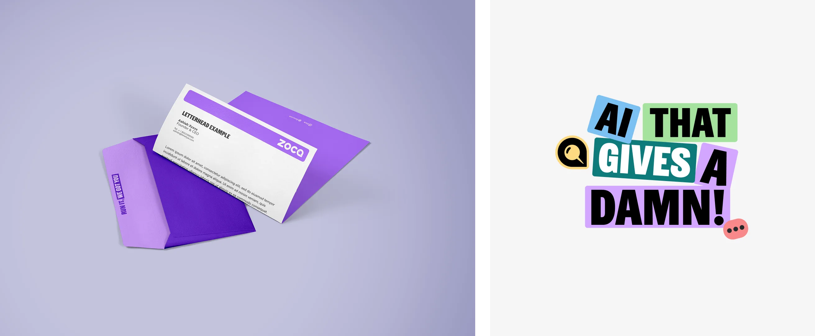 Zoca brand collateral — purple letterhead envelope mockup alongside colorful typographic lockup reading AI That Gives A Damn