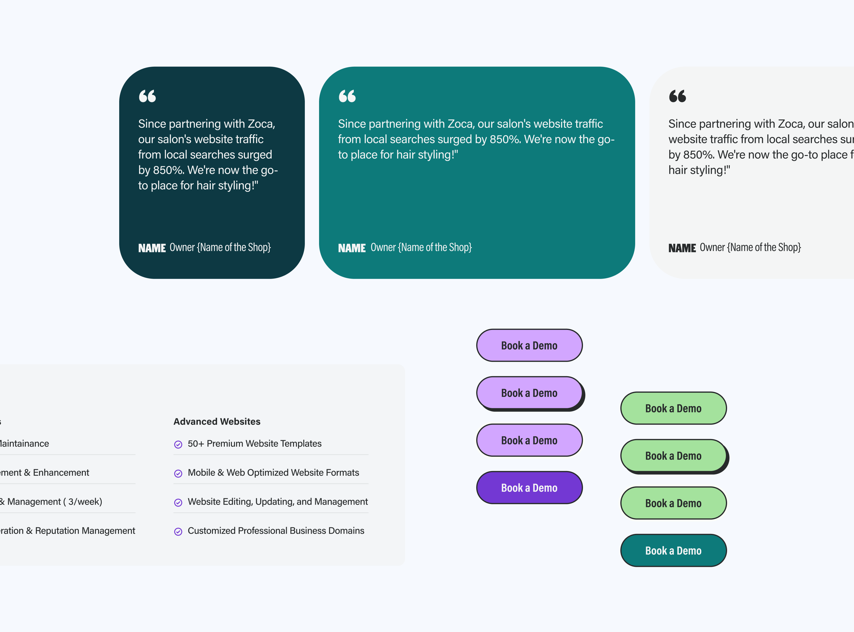 Zoca UI component library — testimonial cards, pricing plan tiers, and Book a Demo button variants in purple and green across multiple states
