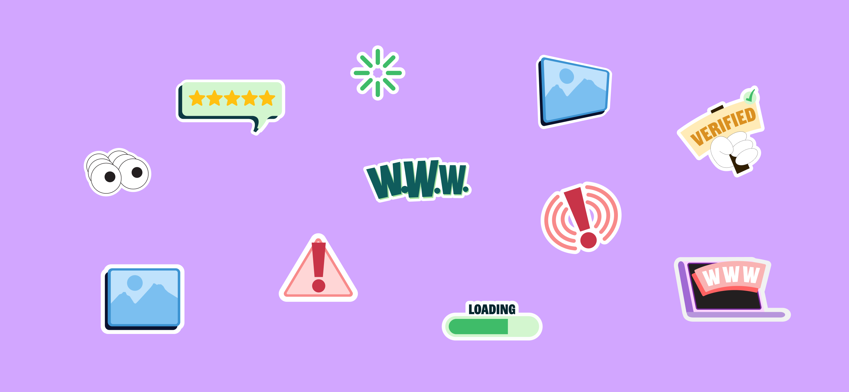 Zoca brand illustration set — playful sticker-style icons on purple background including stars, ratings, loading bar, WWW, verified badge, and device icons