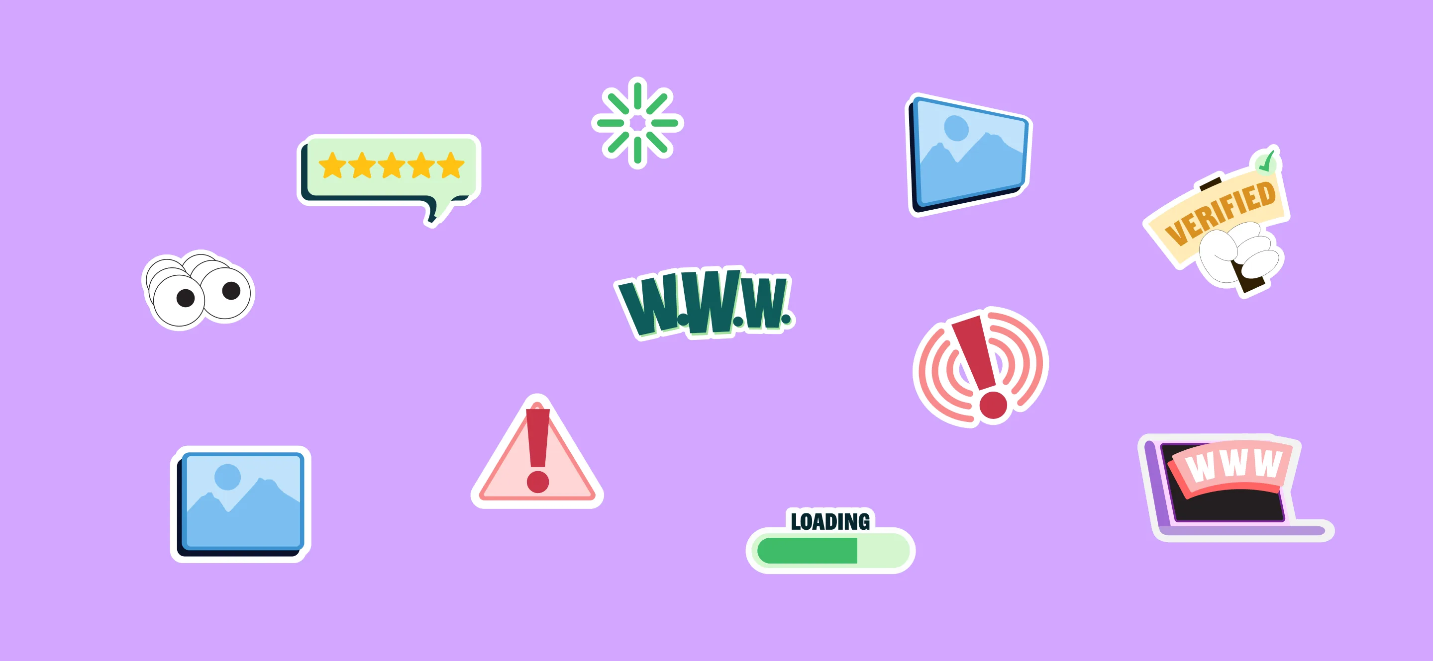 Zoca brand illustration set — playful sticker-style icons on purple background including stars, ratings, loading bar, WWW, verified badge, and device icons
