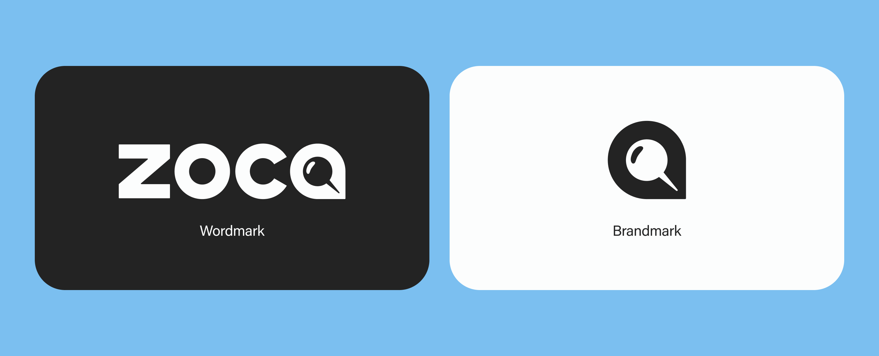 Zoca logo system — wordmark on dark card and brandmark icon on white card, both displayed on sky blue background