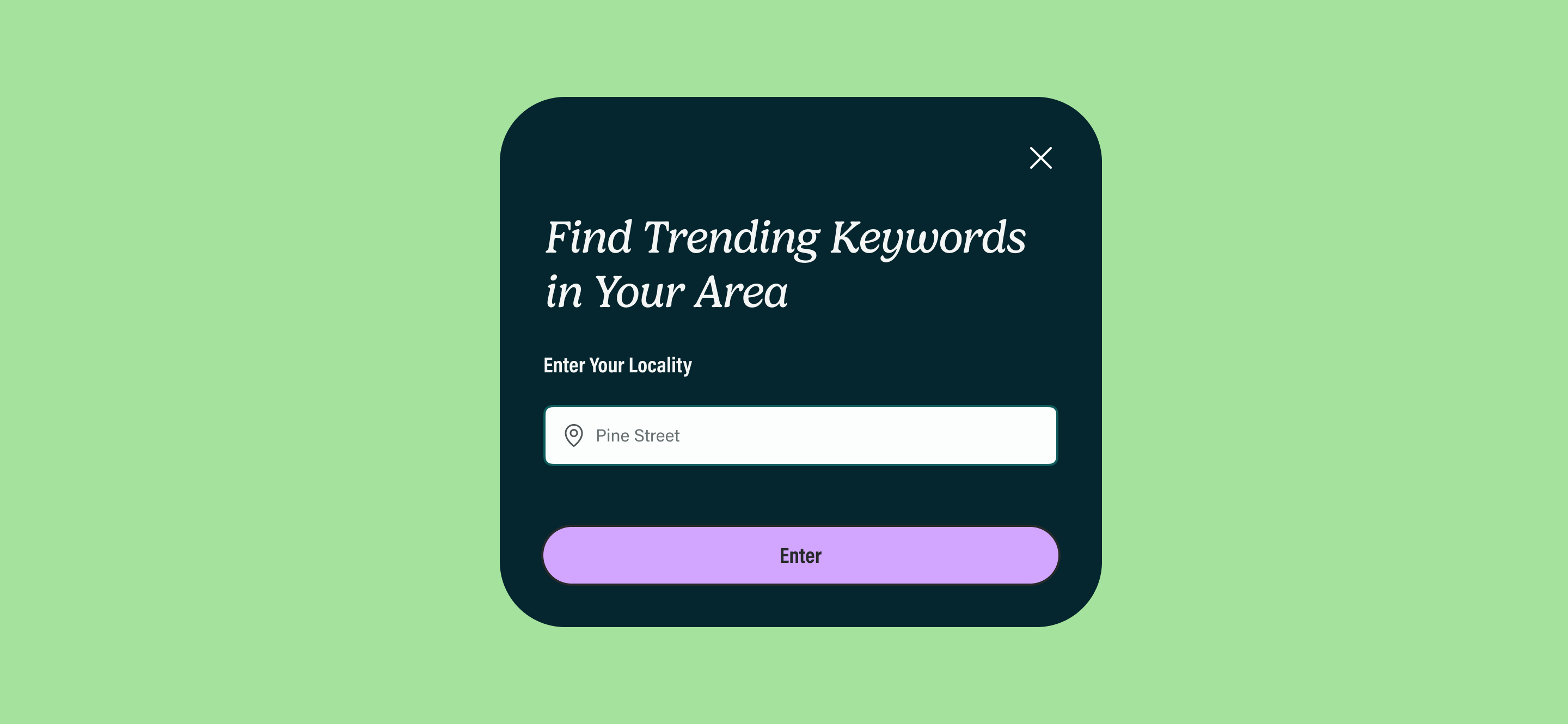 Zoca product modal — Find Trending Keywords in Your Area with locality input field and Enter button on green background